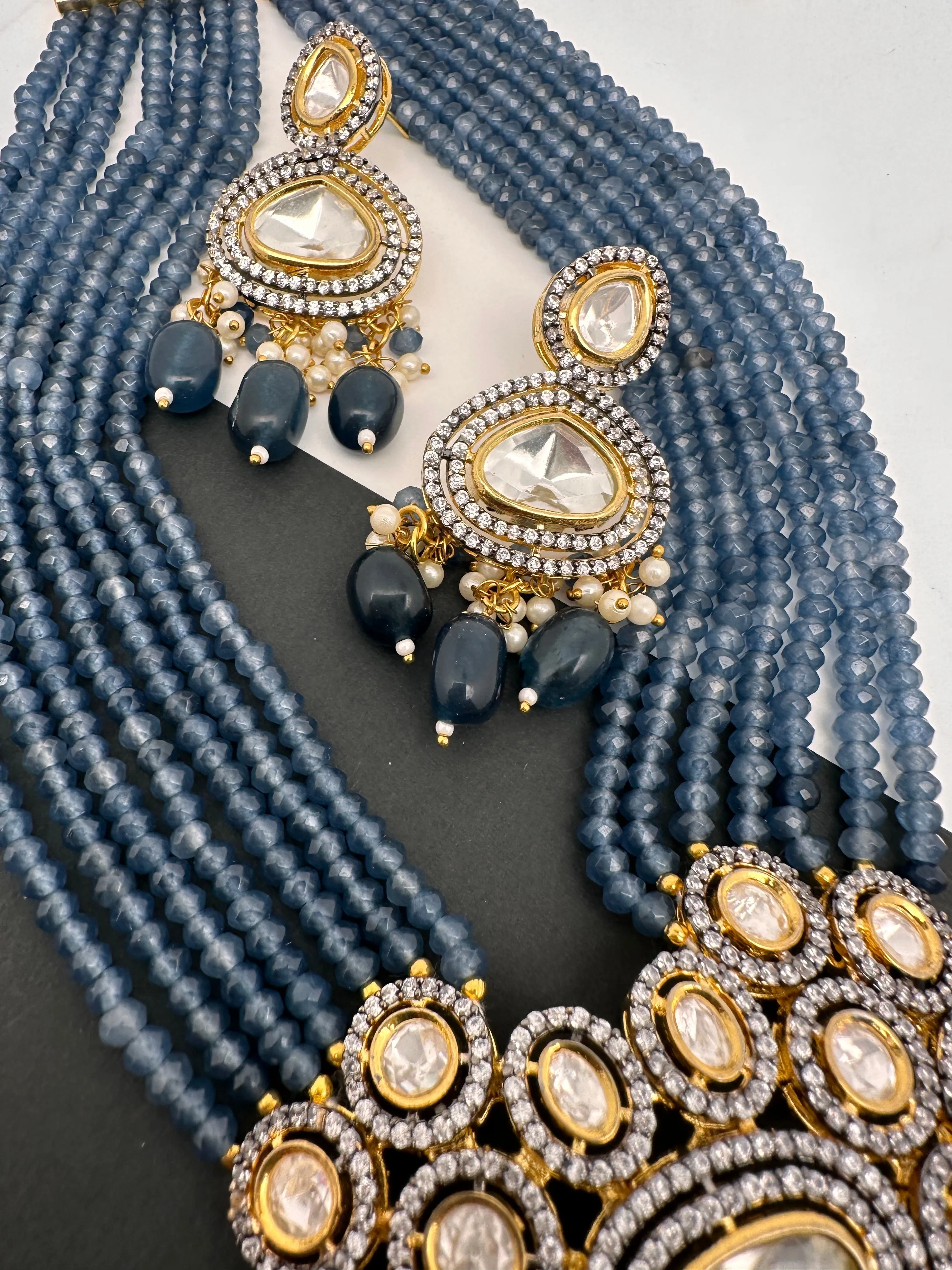 Kundan AD Pendent with Blue Onyx Beads Necklace