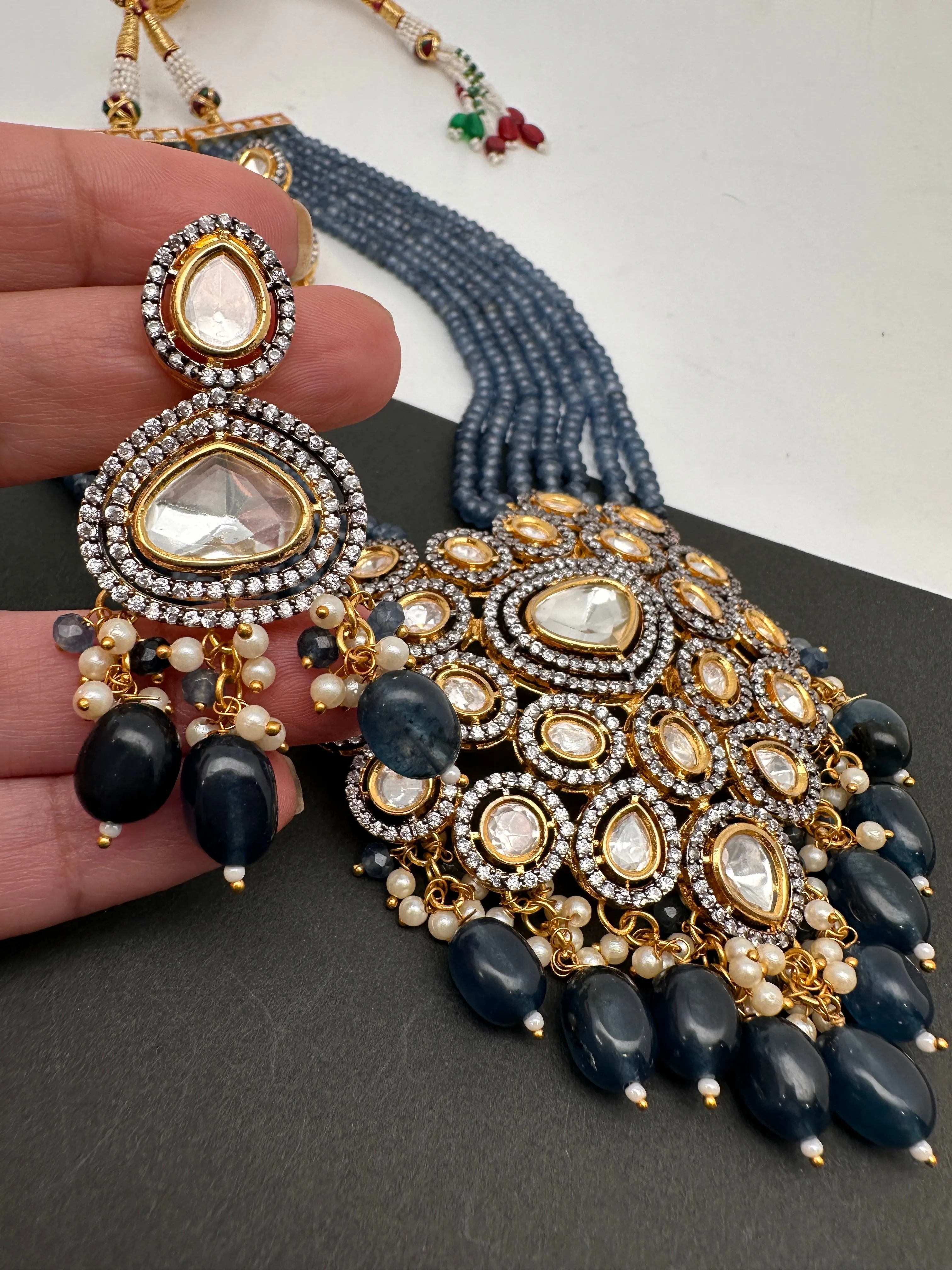Kundan AD Pendent with Blue Onyx Beads Necklace