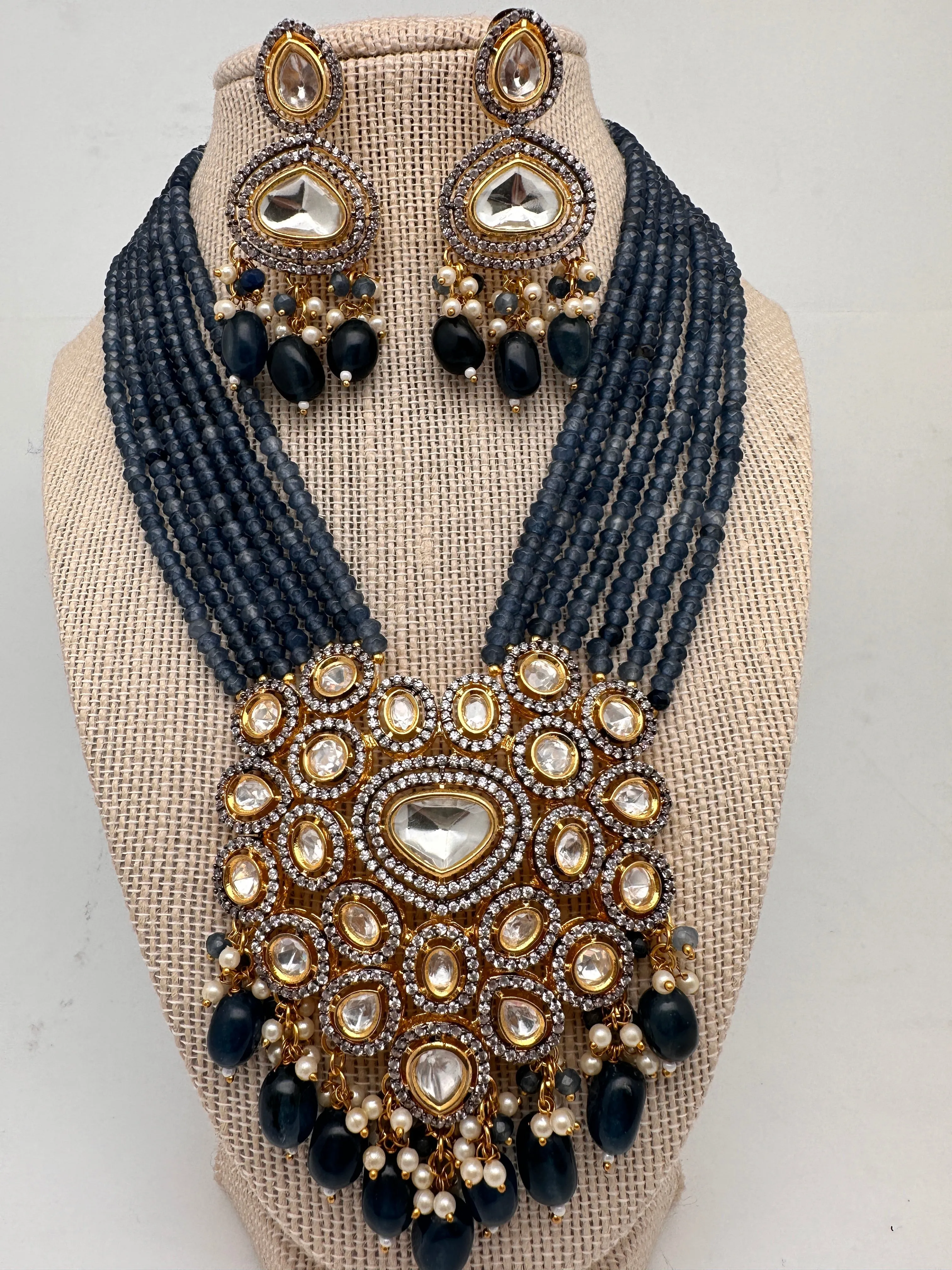 Kundan AD Pendent with Blue Onyx Beads Necklace