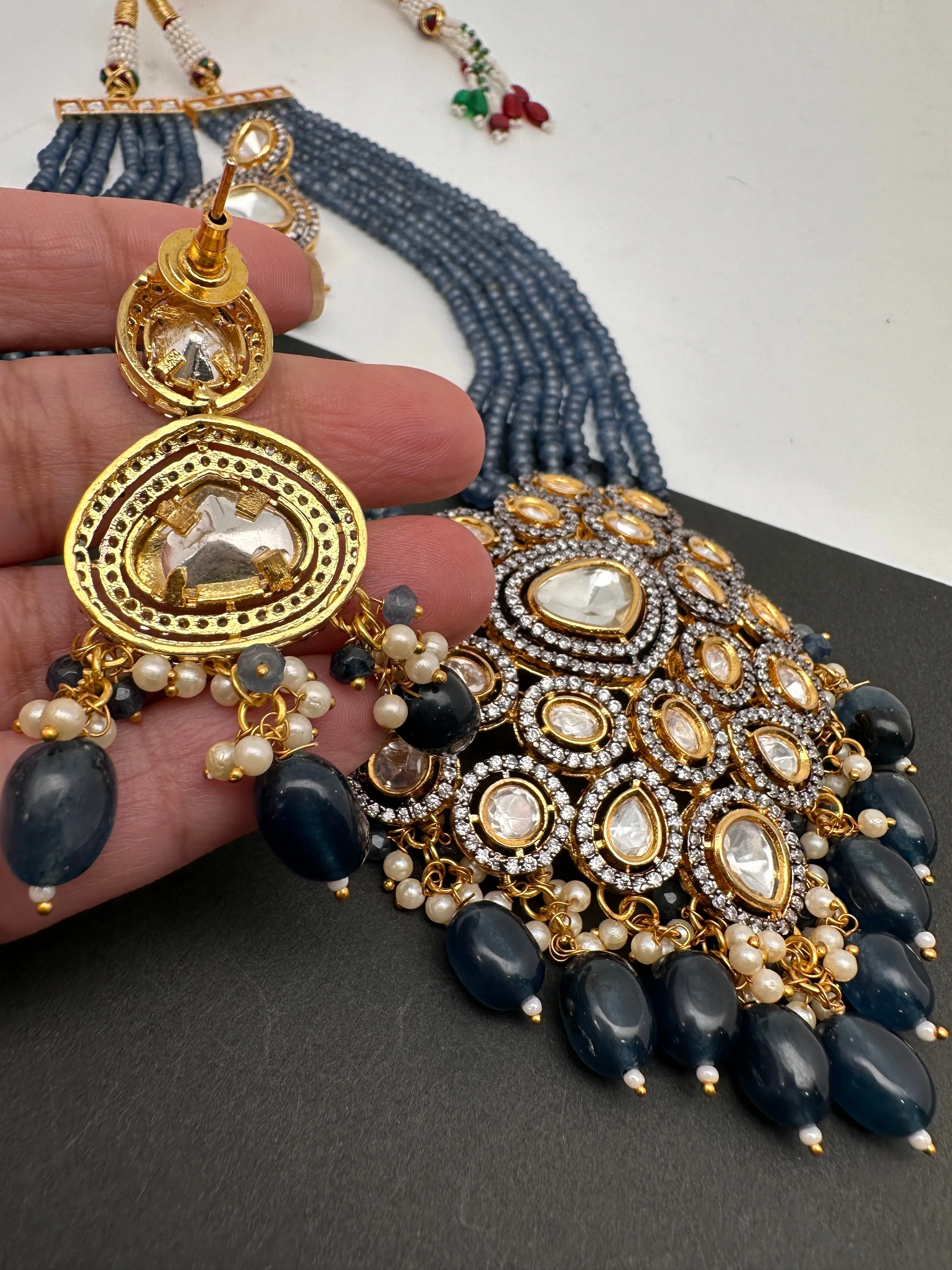 Kundan AD Pendent with Blue Onyx Beads Necklace
