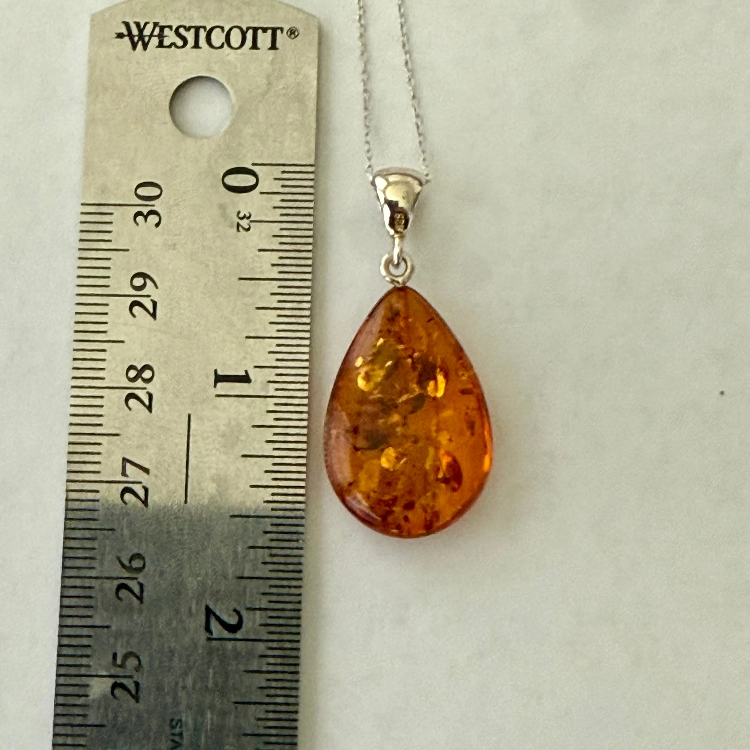 Natural Cognac Baltic Amber Teardrop Pendant Necklace Sterling Silver New