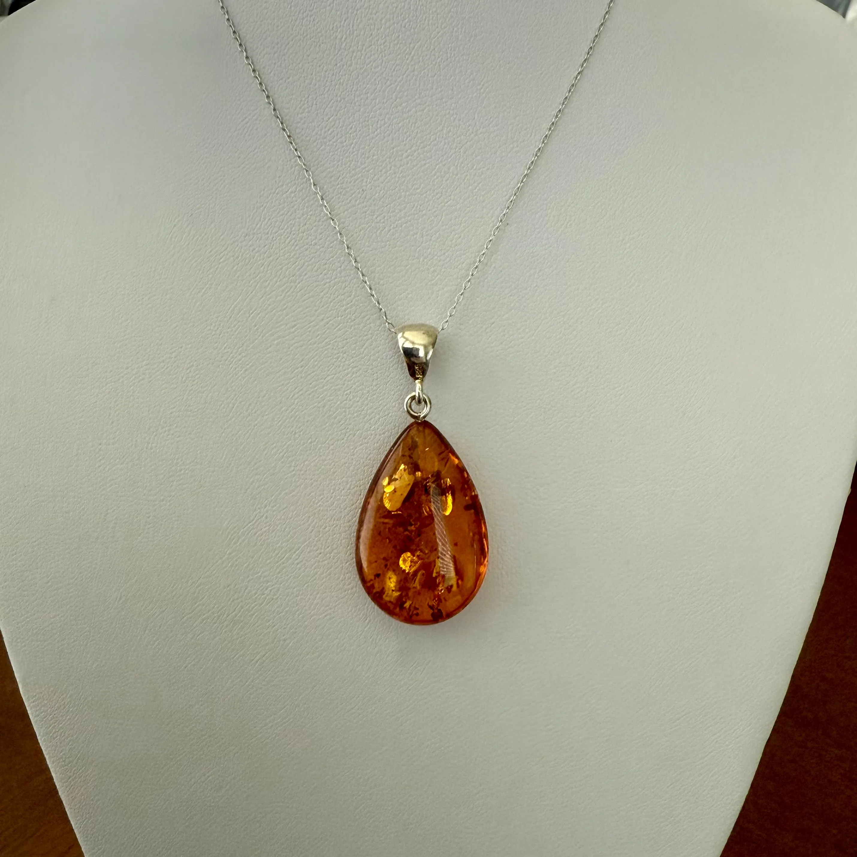 Natural Cognac Baltic Amber Teardrop Pendant Necklace Sterling Silver New