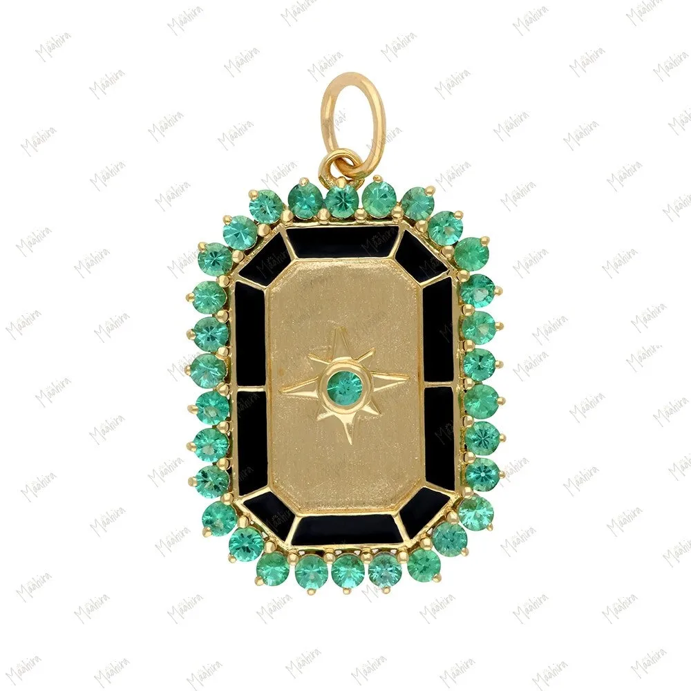 Octagon Shape Emerald & Black Enamel Pendant 18x24mm