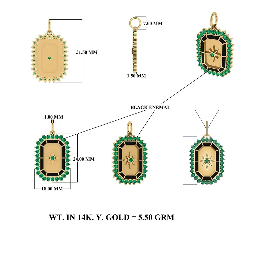 Octagon Shape Emerald & Black Enamel Pendant 18x24mm