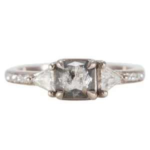 OOAK Grey Cushion Shaped Diamond Ring - 18k Palladium White Gold, Trillion Diamonds   Pave Set Diamonds