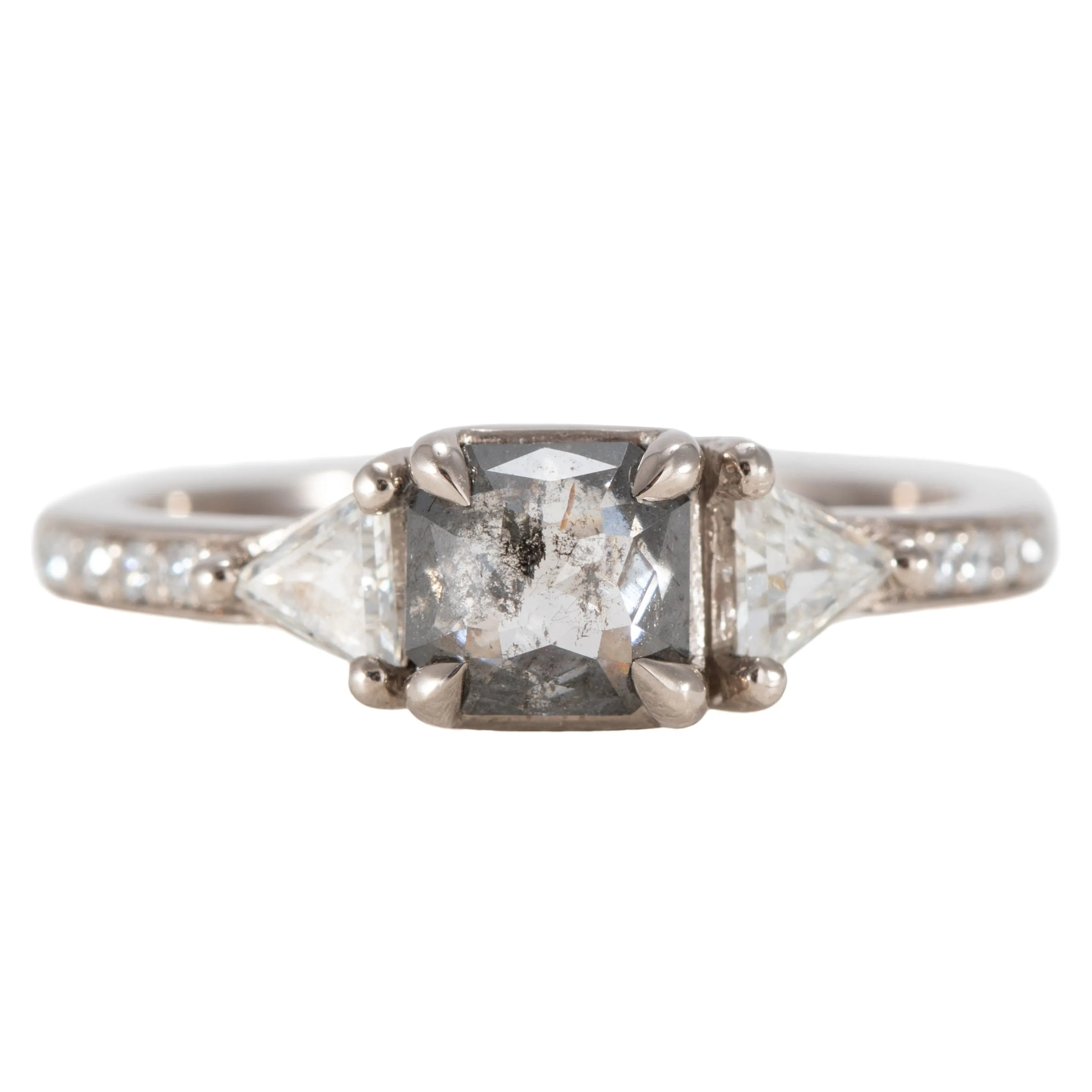 OOAK Grey Cushion Shaped Diamond Ring - 18k Palladium White Gold, Trillion Diamonds   Pave Set Diamonds