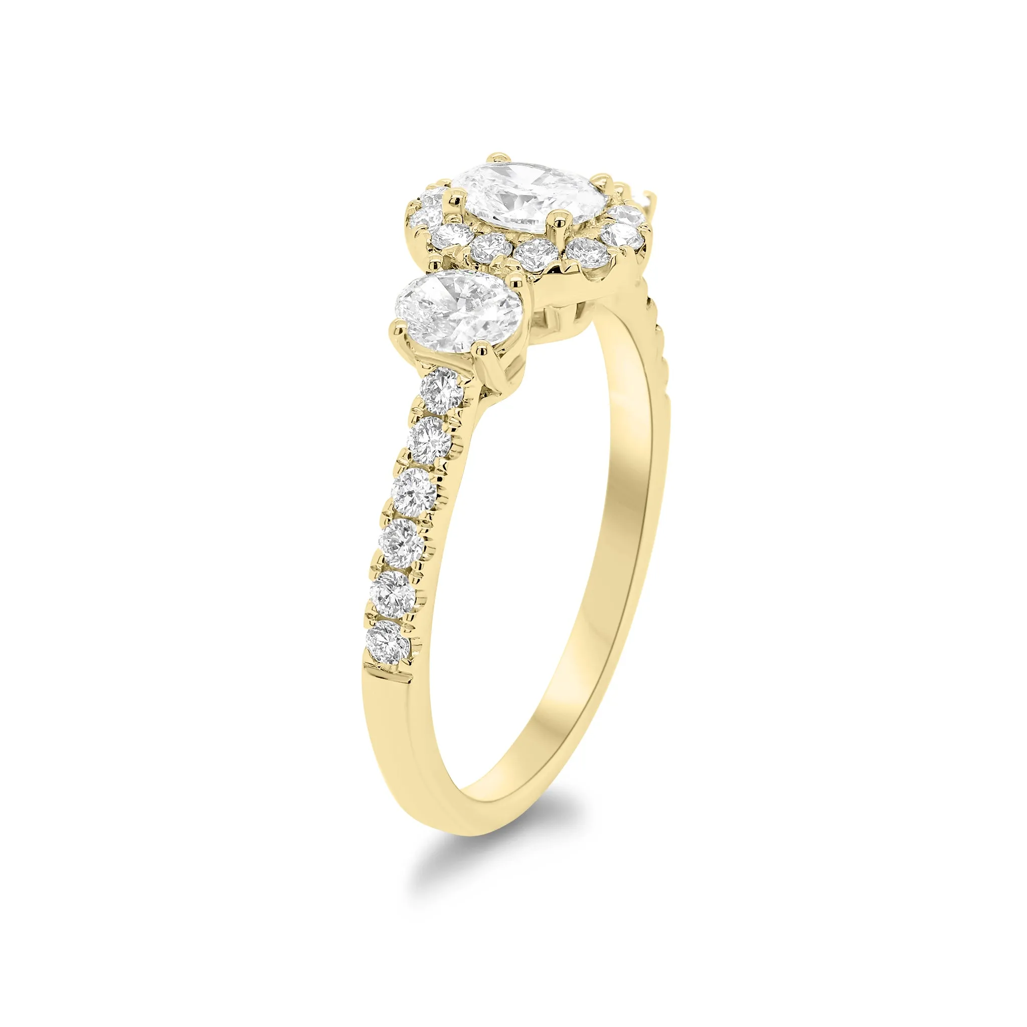 Oval Diamond Halo Three-Stone Engagement Ring