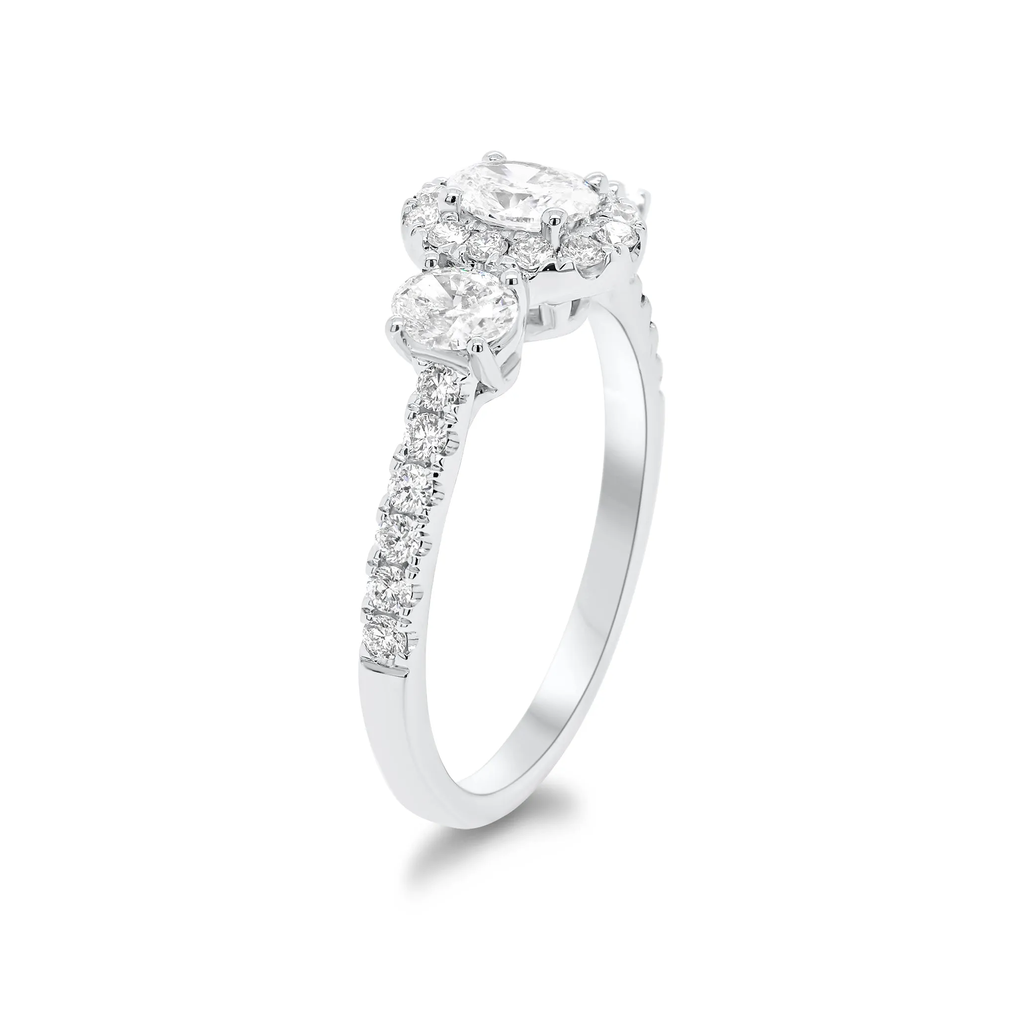 Oval Diamond Halo Three-Stone Engagement Ring