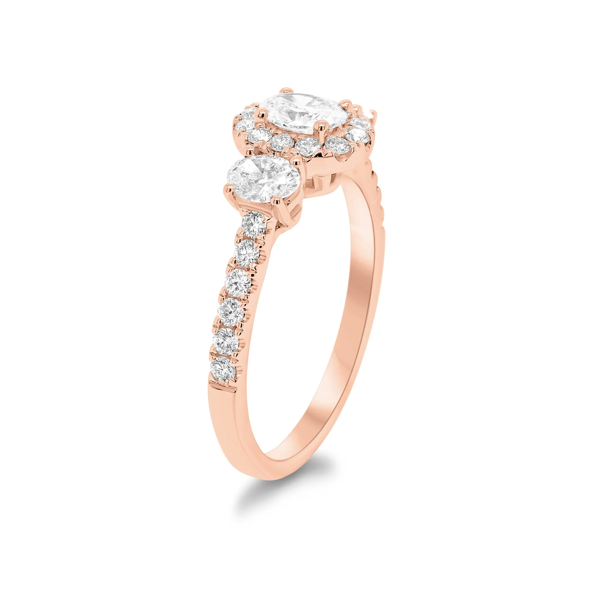 Oval Diamond Halo Three-Stone Engagement Ring