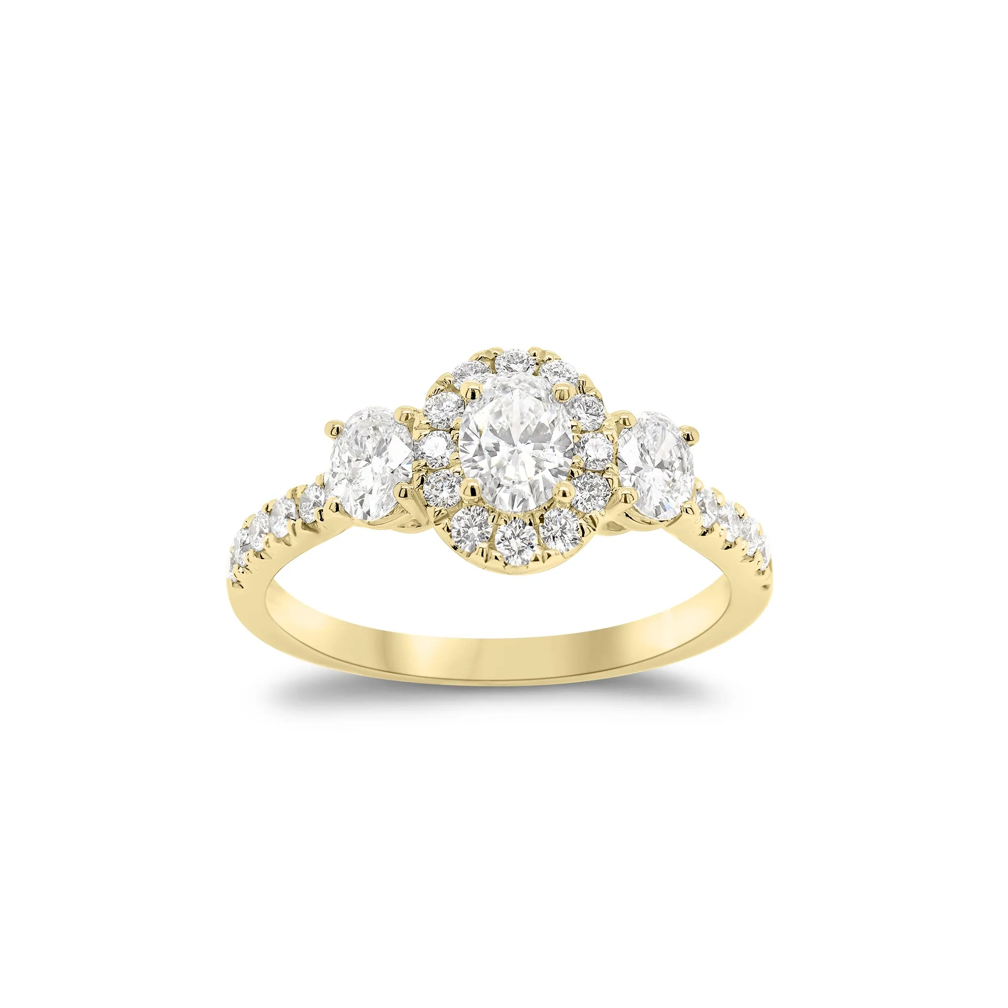 Oval Diamond Halo Three-Stone Engagement Ring