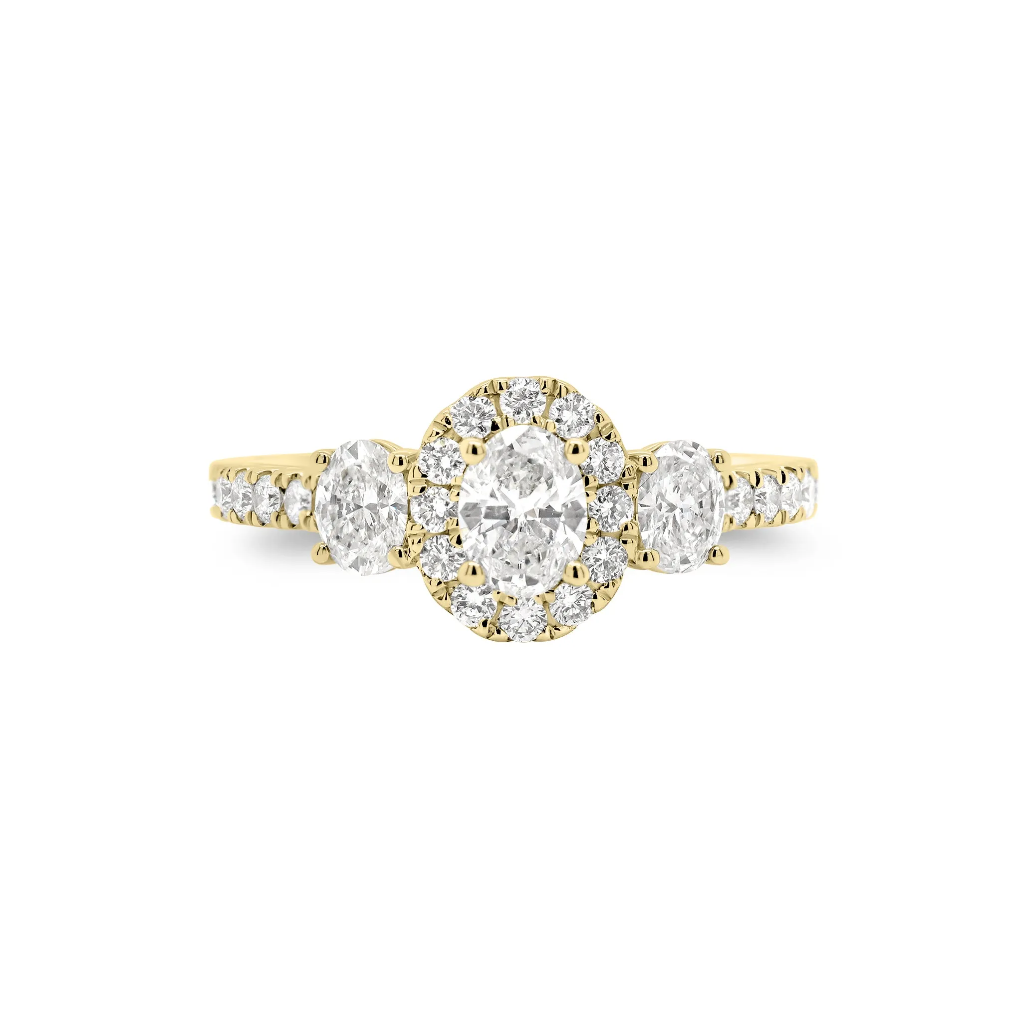 Oval Diamond Halo Three-Stone Engagement Ring