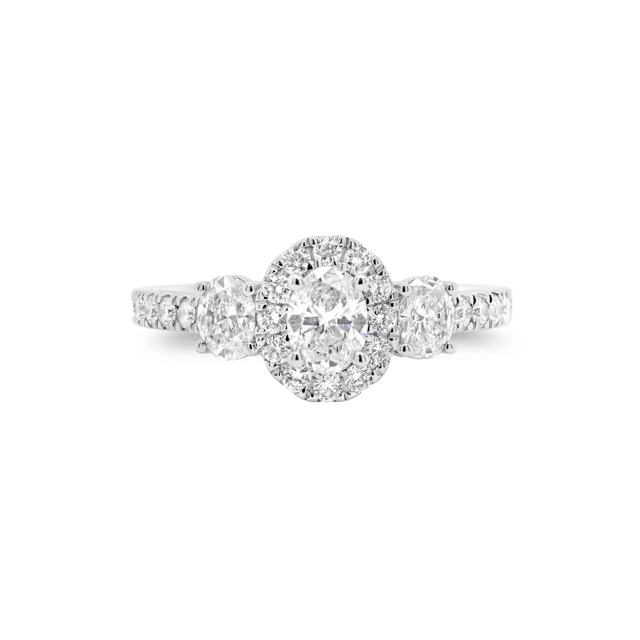 Oval Diamond Halo Three-Stone Engagement Ring