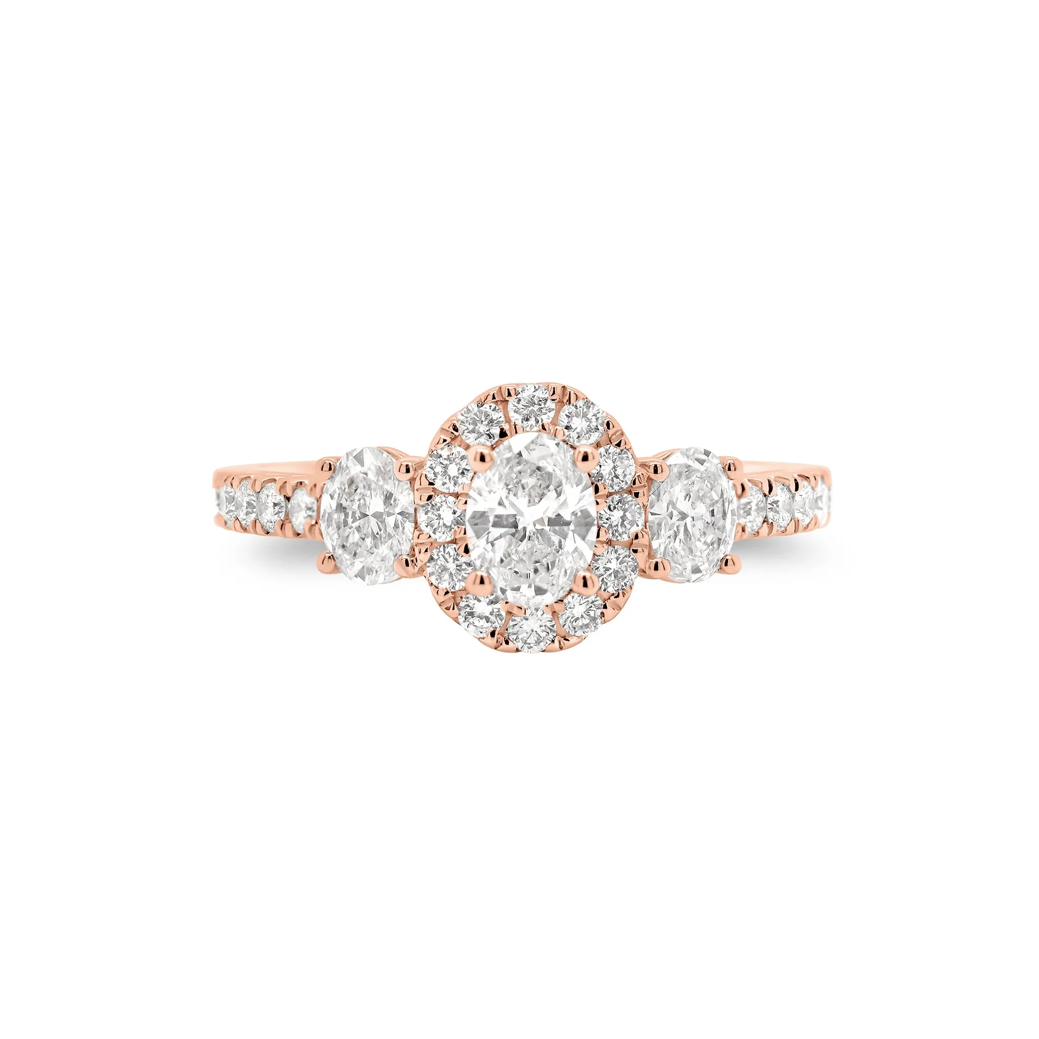 Oval Diamond Halo Three-Stone Engagement Ring
