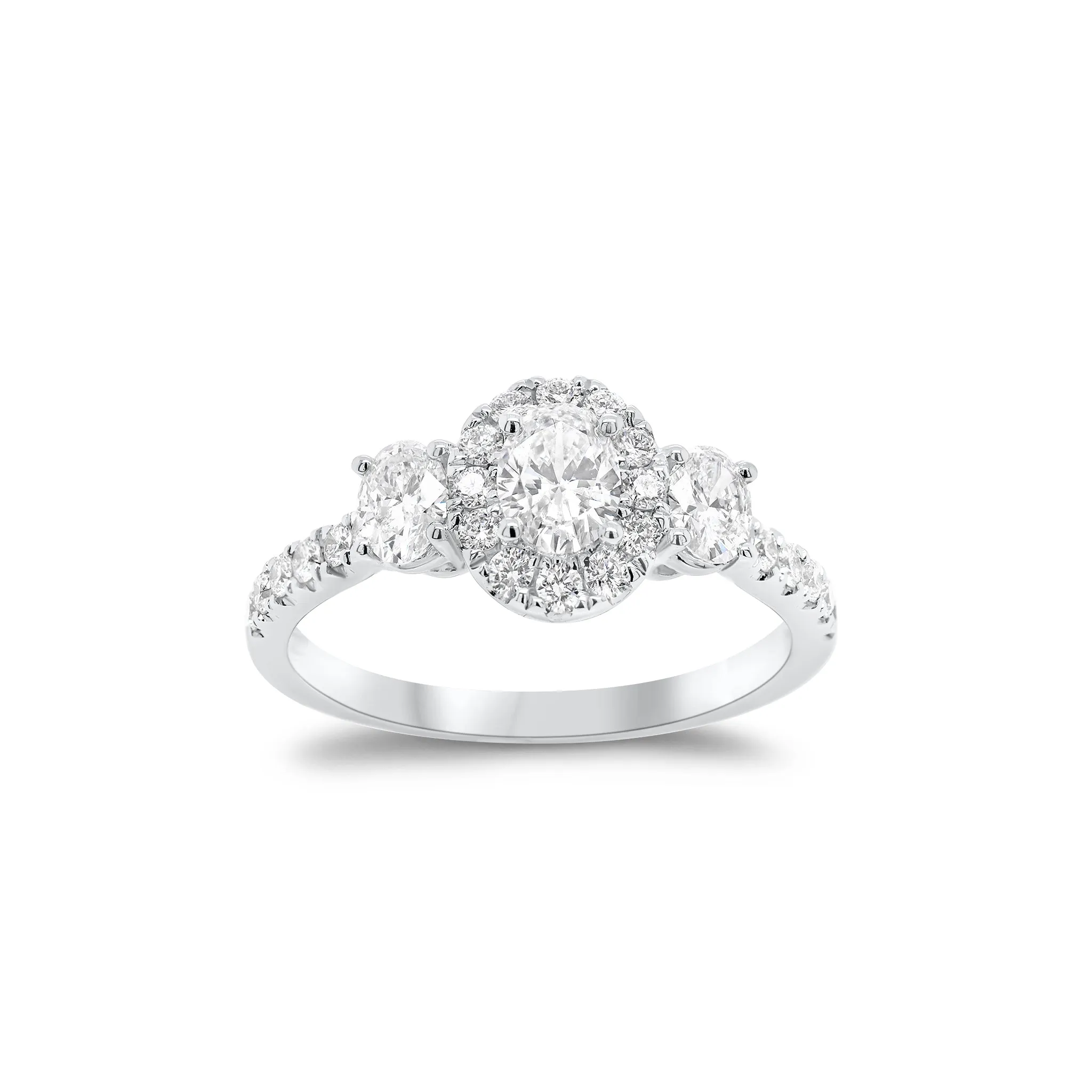 Oval Diamond Halo Three-Stone Engagement Ring