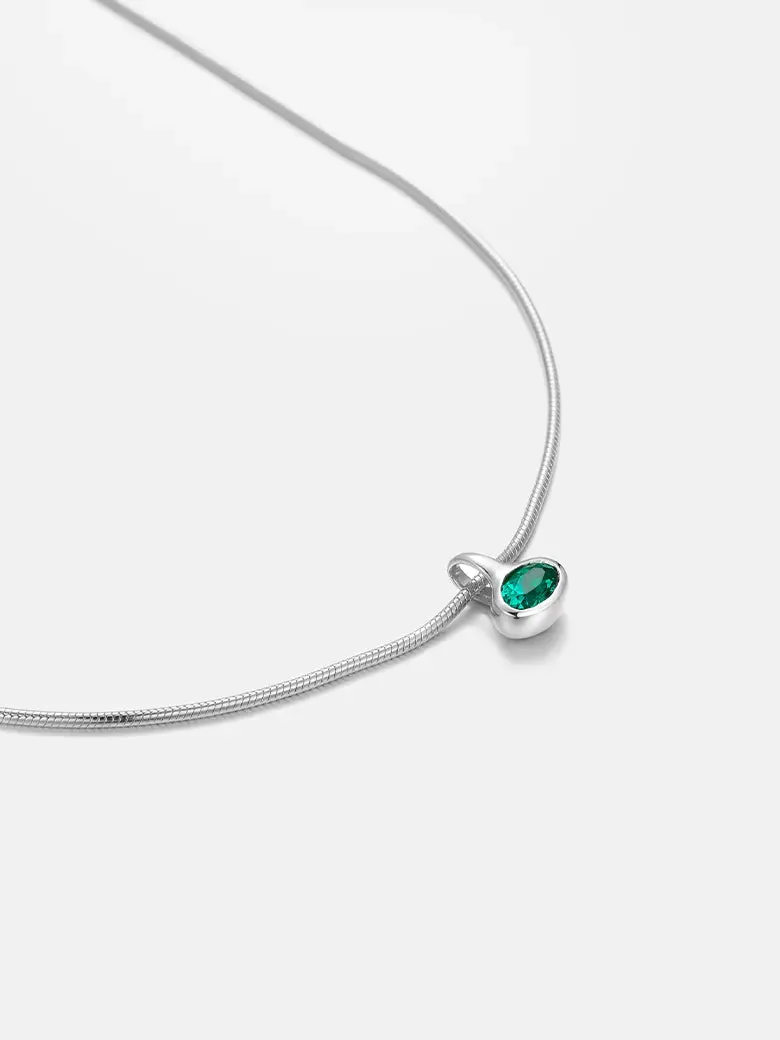 Oval Emerald Charm Silver Necklace