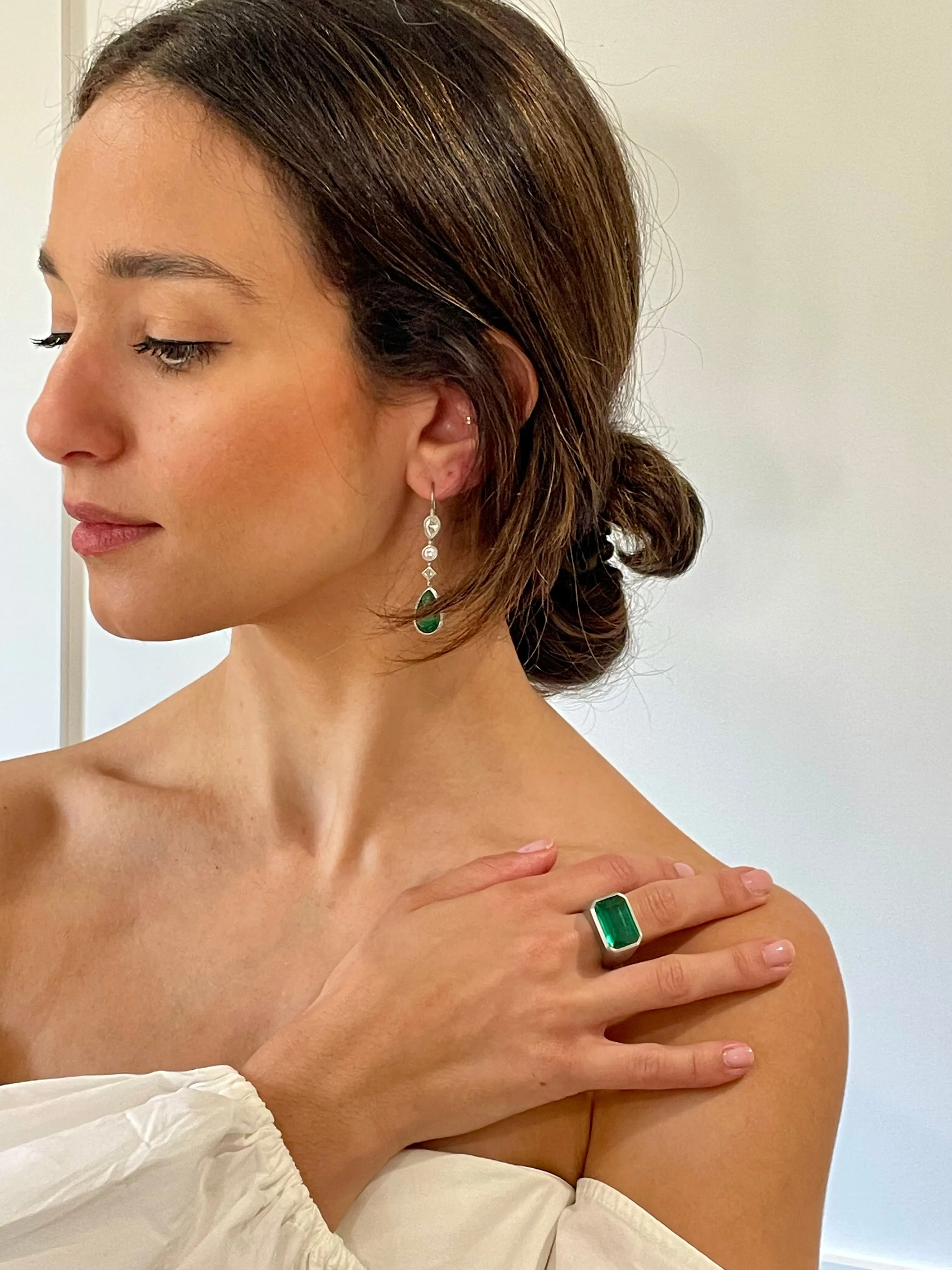 Platinum Pear Shape Emerald Diamond Earrings