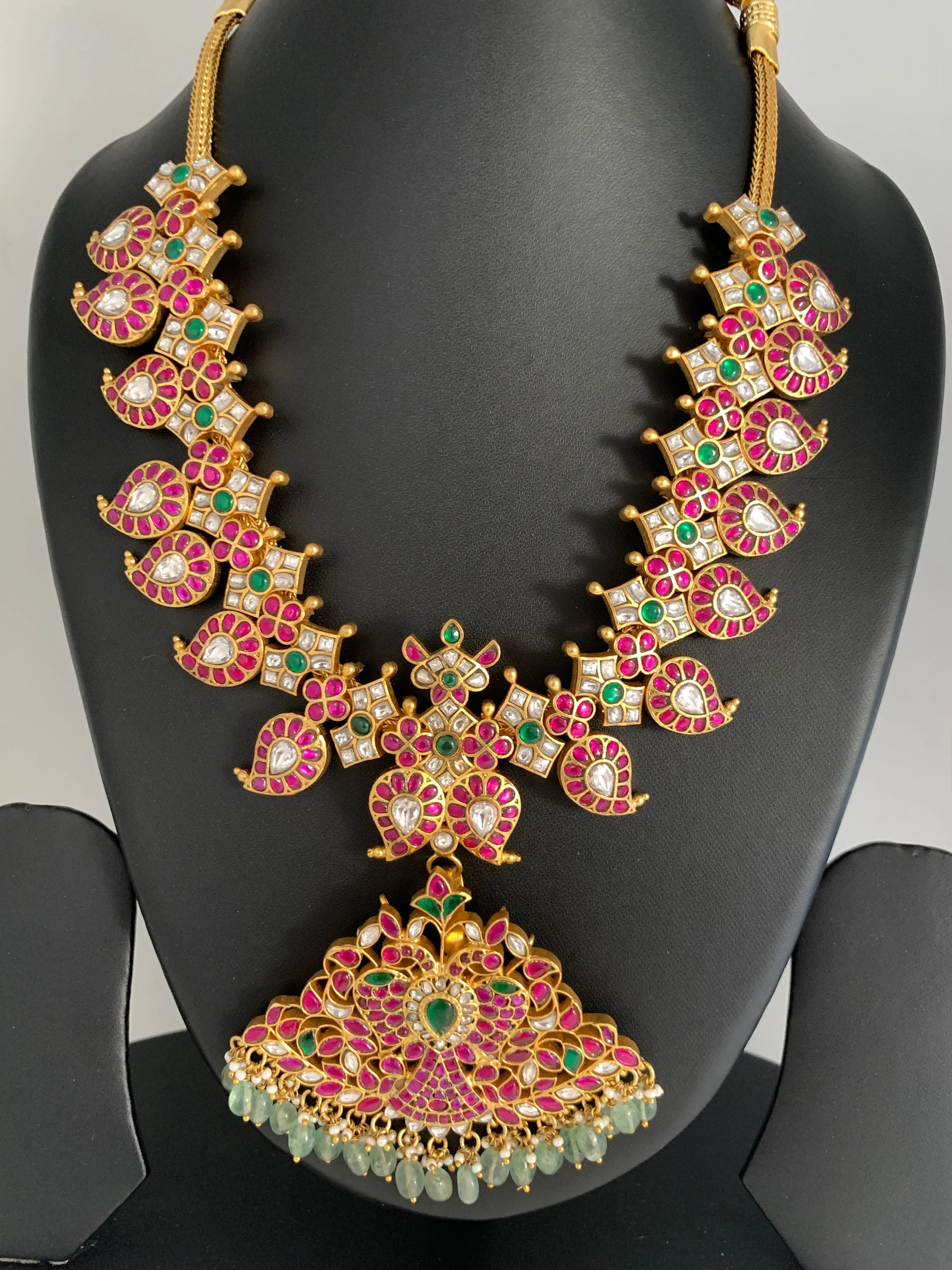 Red Green Jadau Kundan Mango Mala with Detachable Pendent