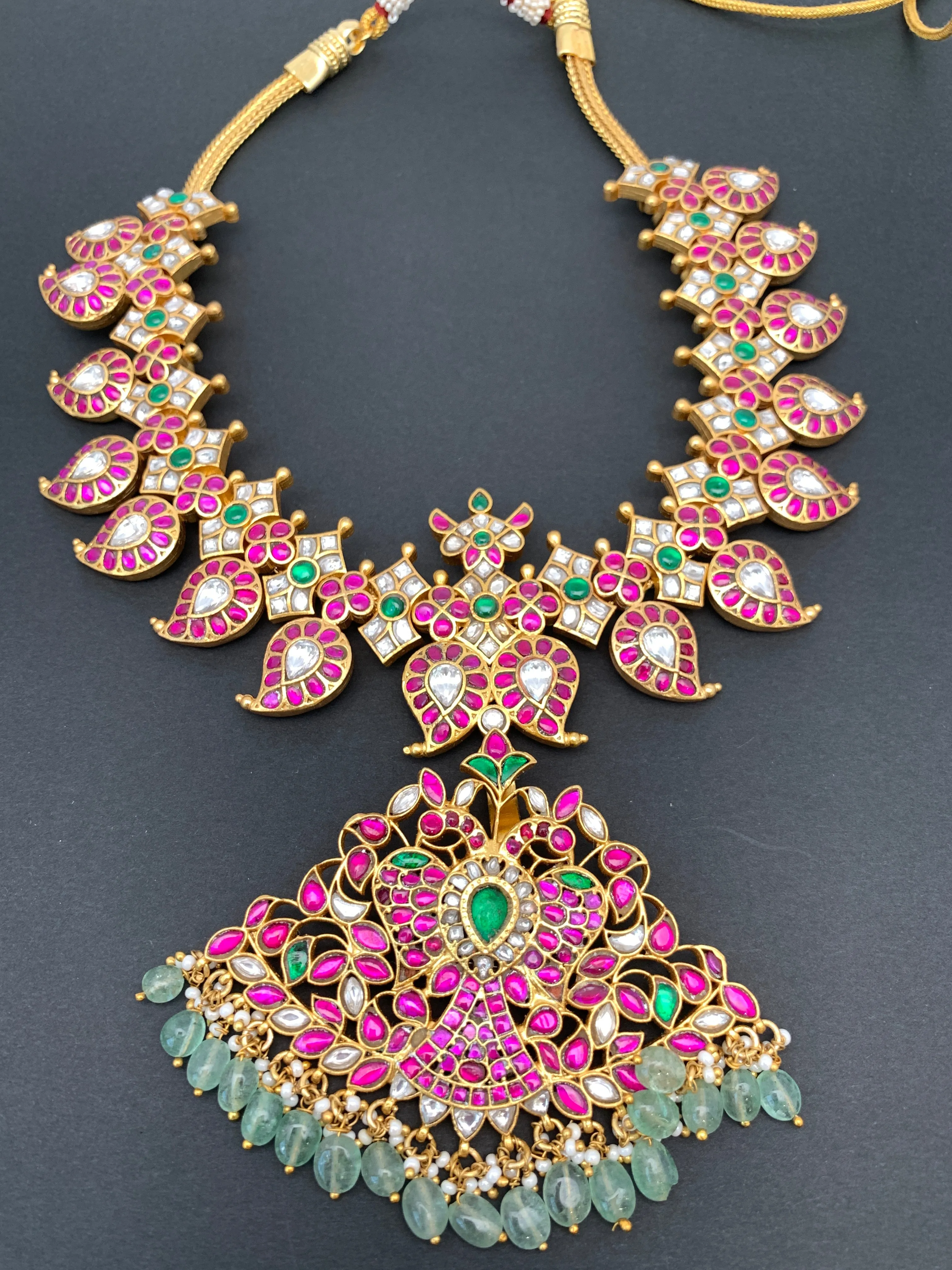 Red Green Jadau Kundan Mango Mala with Detachable Pendent
