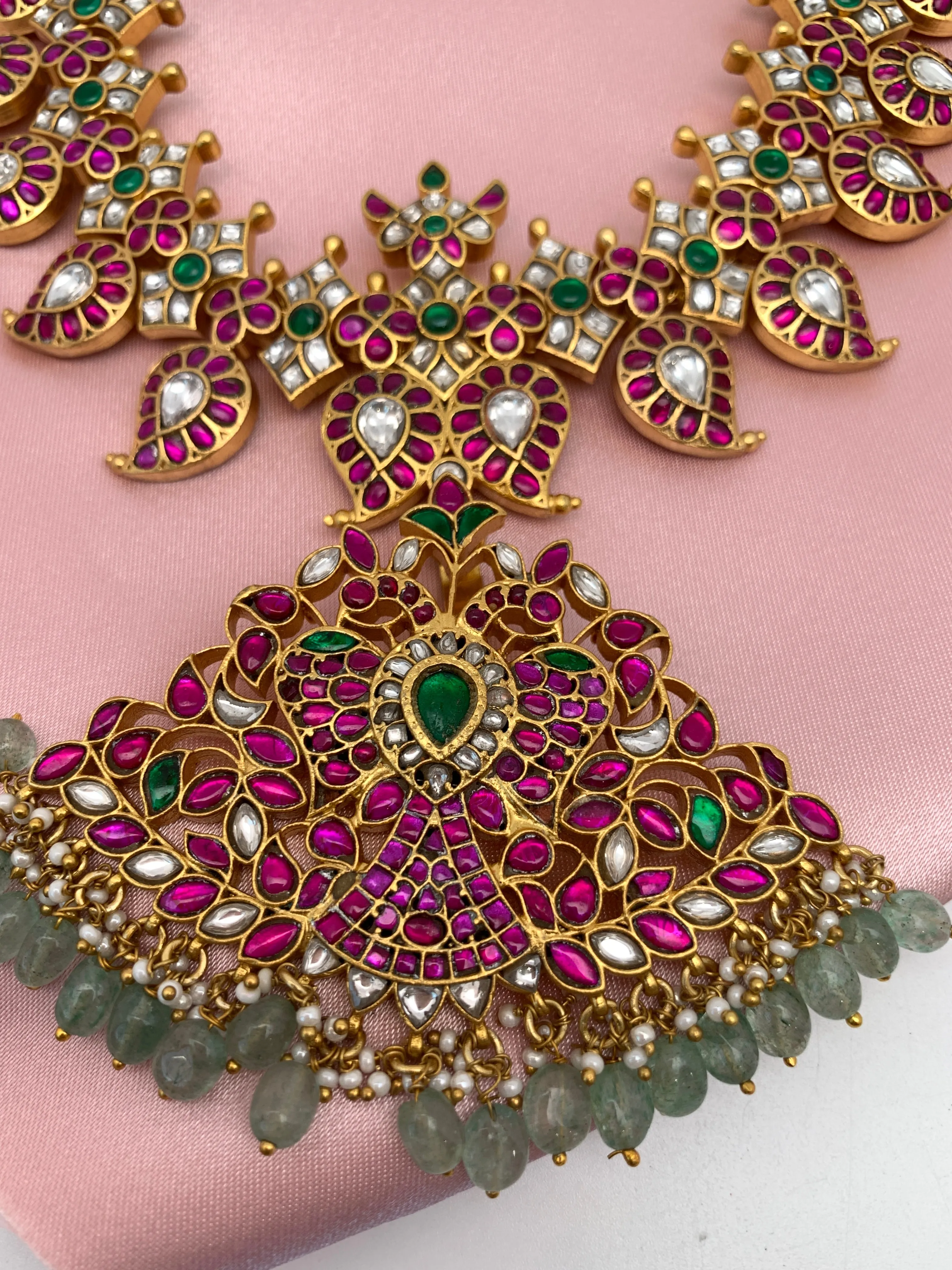 Red Green Jadau Kundan Mango Mala with Detachable Pendent