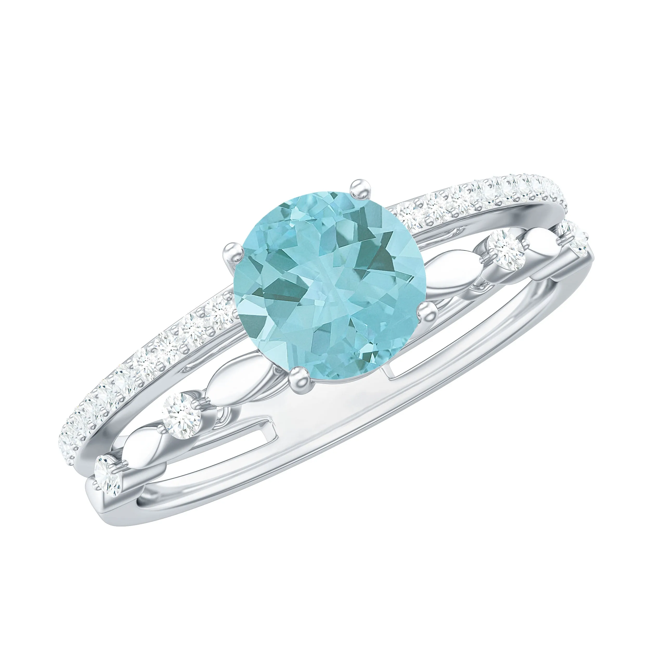 Solitaire Sky Blue Topaz Double Band Engagement Ring with Diamond